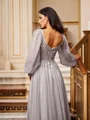 A-Line/Princess 30D Chiffon Applique V-neck Long Sleeves Floor-Length Dresses