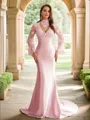 Sheath/Column Silk like Satin Lace High Neck Long Sleeves Sweep Train Dresses