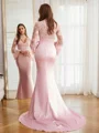 Sheath/Column Silk like Satin Lace High Neck Long Sleeves Sweep Train Dresses