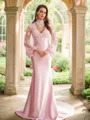 Sheath/Column Silk like Satin Lace High Neck Long Sleeves Sweep Train Dresses