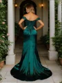 Sheath/Column Silk Like Satin Applique Off-the-Shoulder sleeveless Sweep/Brush Train Corset Dresses