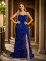 Sheath/Column Velvet Sequins Feather/Fur V-neck Sleeveless Sweep/Brush Train Dresses
