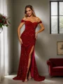 Sheath/Column Velvet Sequins Ruched Off-the-Shoulder Sleeveless Sweep/Brush Train Dresses