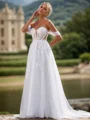 A-line Tulle Appliques Lace Off-the-Shoulder Sleeveless Chapel Train Wedding Dress