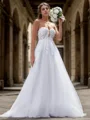A-line Tulle Appliques Lace Sweetheart Sleeveless Court Train Wedding Dress