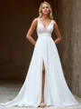 A-line 30D Chiffon Sequin V-neck Sleeveless Court Train Wedding Dress
