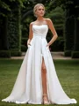 A-line Satin Pleated Straight Sleeveless Court Train Wedding Dress