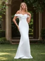 Sheath Satin Flower Off-the-Shoulder Sleeveless Court Train Wedding Dress