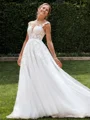 A-line Tulle Appliques Lace Scoop Sleeveless Sweep Train Wedding Dress