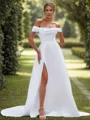 A-line Satin Pleated Off-the-Shoulder Sleeveless Chapel Train Wedding Dress