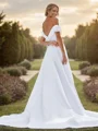 A-line Satin Pleated Off-the-Shoulder Sleeveless Chapel Train Wedding Dress