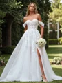 A-line Tulle Appliques Lace Off-the-Shoulder Sleeveless Court Train Wedding Dress