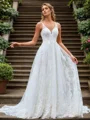 A-line Tulle Appliques Lace V-neck Sleeveless Chapel Train Wedding Dress