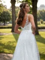 A-line Tulle Appliques Lace V-neck Sleeveless Chapel Train Wedding Dress