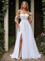 A-line Tulle Appliques Lace Off-the-Shoulder Sleeveless Court Train Wedding Dress