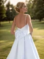 A-line Satin Bow Spaghetti Straps Sleeveless Sweep Train Wedding Dress