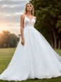 A-line Tulle Appliques Lace V-neck Sleeveless Sweep Train Wedding Dress