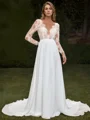 A-line Chiffon Appliques Lace Scoop Long Sleeves Court Train Wedding Dress