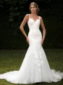 Mermaid Tulle Appliques Lace V-neck Sleeveless Chapel Train Wedding Dress