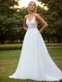 A-line Tulle Appliques Lace V-neck Sleeveless Sweep Train Wedding Dress