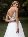 A-line Tulle Appliques Lace V-neck Sleeveless Sweep Train Wedding Dress