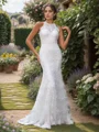 Sheath Lace Scoop Sleeveless Sweep Train Wedding Dress