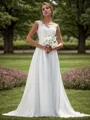 A-line Chiffon Appliques Lace V-neck Sleeveless Sweep Train Wedding Dress