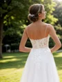A-line Tulle Appliques Lace Spaghetti Straps Sleeveless Sweep Train Wedding Dress