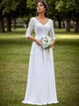A-line Chiffon Appliques Lace V-neck 3/4 Sleeves Floor-Length Wedding Dress