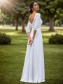 A-line Chiffon Appliques Lace V-neck 3/4 Sleeves Floor-Length Wedding Dress