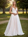A-line Organza Appliques Lace V-neck Sleeveless Court Train Wedding Dress