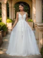 A-line V-neck Appliques Lace Chapel Train Tulle Wedding Dress