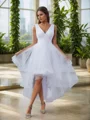 A-line V-neck Pleated Asymmetrical Tulle Wedding Dress