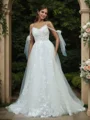 A-line Cold Shoulder Appliques Lace Chapel Train Tulle Wedding Dress