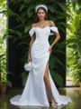 Sheath Off-the-Shoulder Pleated Chapel Train Stretch Crepe Corset Wedding Dress