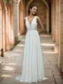 A-line V-neck Appliques Lace Sweep Train Chiffon Wedding Dress