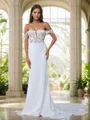 Sheath Off-the-Shoulder Appliques Lace Cathedral Train Stretch Crepe Corset Wedding Dress