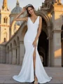 Sheath V-neck Court Train Stretch Crepe Wedding Dress