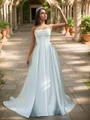 A-line Straight Pleated Sweep Train Satin Corset Wedding Dress