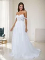 A-line Off-the-Shoulder Appliques Lace Cathedral Train Tulle Corset Wedding Dress