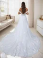 A-line Off-the-Shoulder Appliques Lace Cathedral Train Tulle Corset Wedding Dress