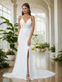 Sheath V-neck Beading Court Train Wedding Dress