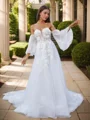 A-line Sweetheart Long Sleeves Appliques Lace Chapel Train Tulle Corset Convertible Wedding Dress