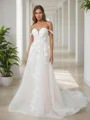 A-line Off-the-Shoulder Appliques Lace Cathedral Train Tulle Wedding Dress