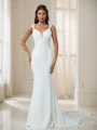 Sheath V-neck Appliques Lace Chapel Train Stretch Crepe Wedding Dress