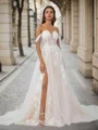 A-line Off-the-Shoulder Appliques Lace Chapel Train Tulle Wedding Dress