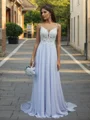 A-line V-neck Appliques Lace Cathedral Train Chiffon Wedding Dress