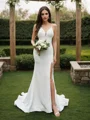 Sheath/Column Satin Ruffles Halter Sleeveless Sweep Train Wedding Dresses