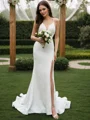 Sheath/Column Satin Ruffles Halter Sleeveless Sweep Train Wedding Dresses