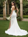 Sheath/Column Satin Ruffles Halter Sleeveless Sweep Train Wedding Dresses